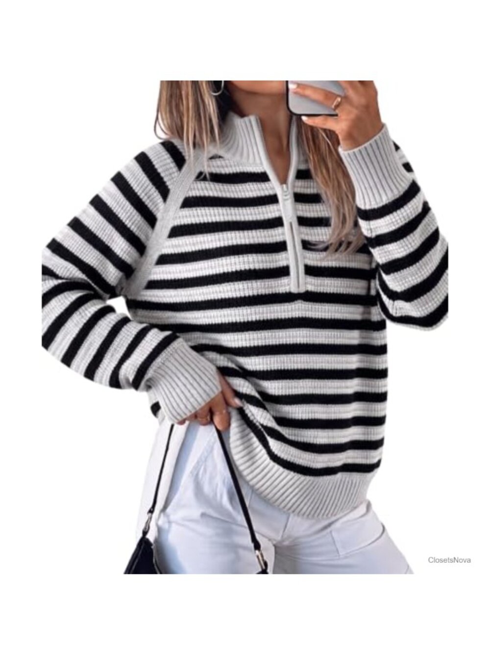 Ribbed Knit Striped Half Zip Pullover Sweater Mock Neck Thumbholes